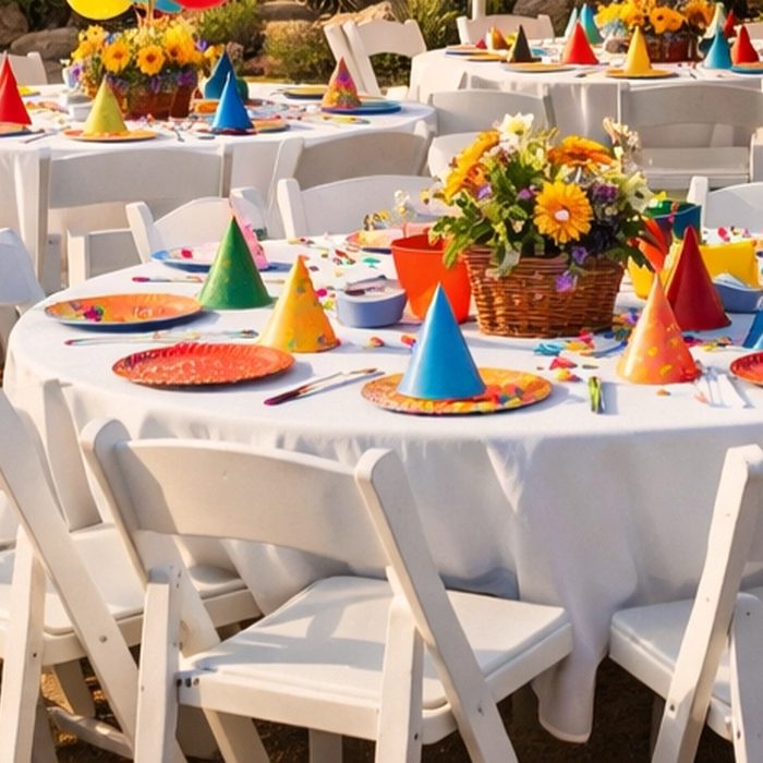 Round banquet tables dressed in white linens with centerpieces and place settings.